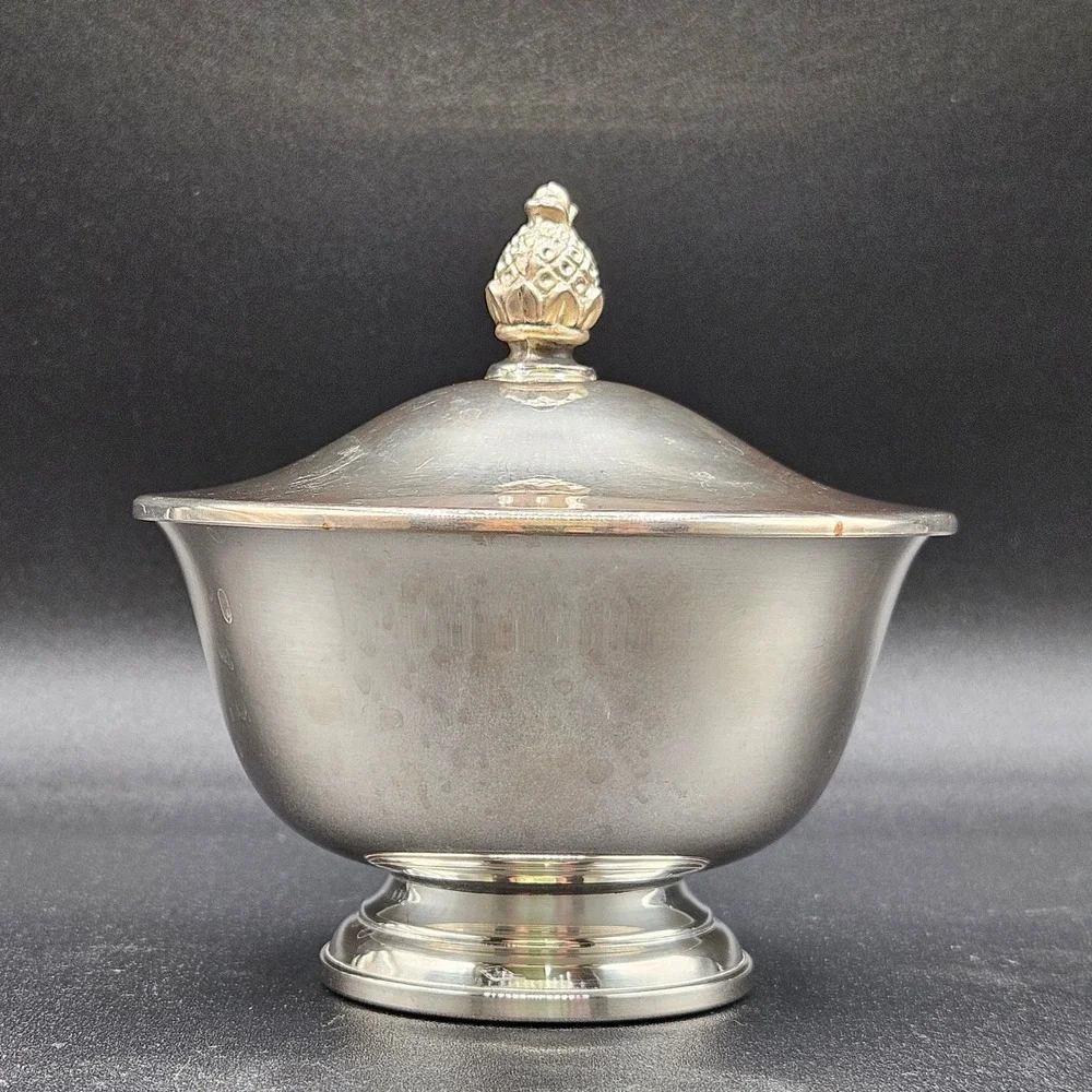 Vintage Silver Plated Footed Sugar Bowl with Pineapple Finial Lid Round Dish
